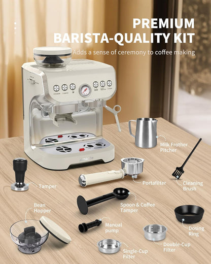 Cafeteira Espresso Amaste 15 Bar com Moinho Integrado, Vaporizador, 2L Branco, Kit Barista, Pre-Infusão, AC-517EA 110V