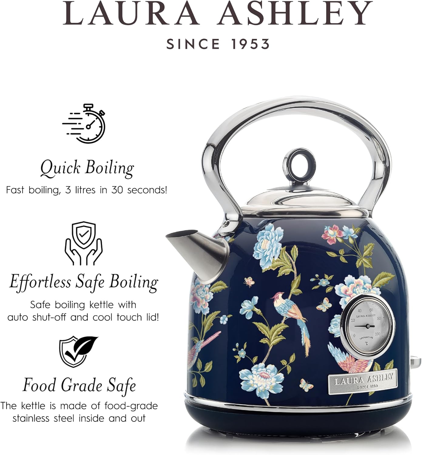 Chaleira Elétrica Laura Ashley 1,7L Inox Azul Marinho com Estampa Floral Elveden, Termômetro Externo, Filtro Removível, Dome VQ-SBPKK336-LAEN-US 1500W 110V