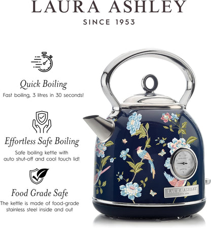 Chaleira Elétrica Laura Ashley 1,7L Inox Azul Marinho com Estampa Floral Elveden, Termômetro Externo, Filtro Removível, Dome VQ-SBPKK336-LAEN-US 1500W 110V