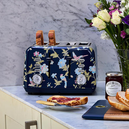 Torradeira 4 Fatias em Aço Inox Laura Ashley Azul Marinho com estampa floral Elveden, Slots Largos, 7 Níveis, Funções Descongelar, Reaquecer, Rack para Croissants, 1500W, 110V