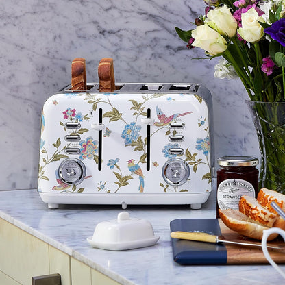 Torradeira 4 Fatias em Aço Inox Laura Ashley Branco com estampa floral Elveden, Slots Largos, 7 Níveis, Funções Descongelar, Reaquecer, Rack para Croissants, 1500W, 110V