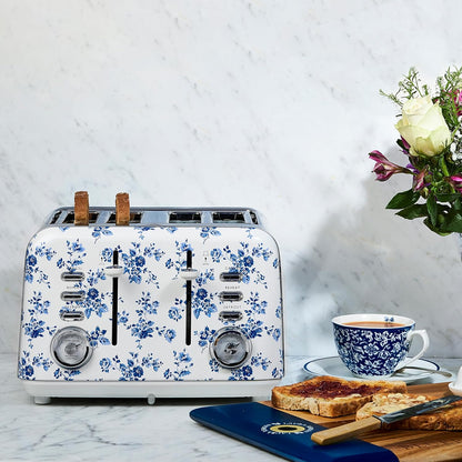 Torradeira 4 Fatias em Aço Inox Laura Ashley Rosa China com estampa floral, Slots Largos, 7 Níveis, Funções Descongelar, Reaquecer, Rack para Croissants, 1500W, 110V